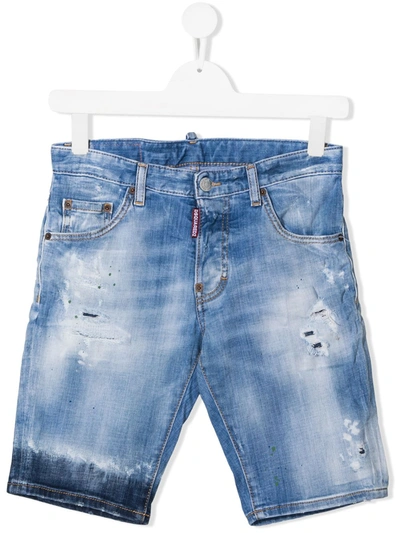 Shop Dsquared2 Teen Distressed Denim Shorts In Blue