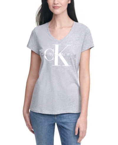 Shop Calvin Klein Jeans Est.1978 V-neck Logo T-shirt In Pearl Grey Heather