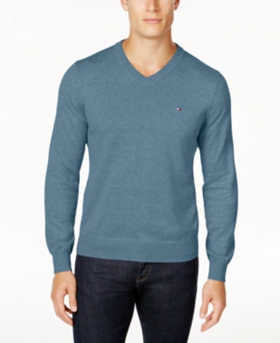 Shop Tommy Hilfiger Men's Essential Solid V-neck Sweater In Medium Chambray