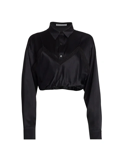 Shop Alexander Wang T Women's Long-sleeve Lace Silk Cami Hybrid Top In Black