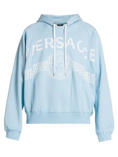 Shop Versace Split Logo Cotton Hoodie In Light Blue