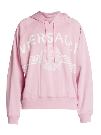 Shop Versace Split Logo Cotton Hoodie In Rosa