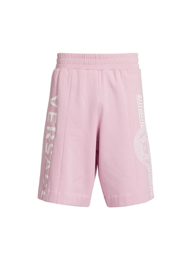 Shop Versace Split Logo Cotton Shorts In Rosa