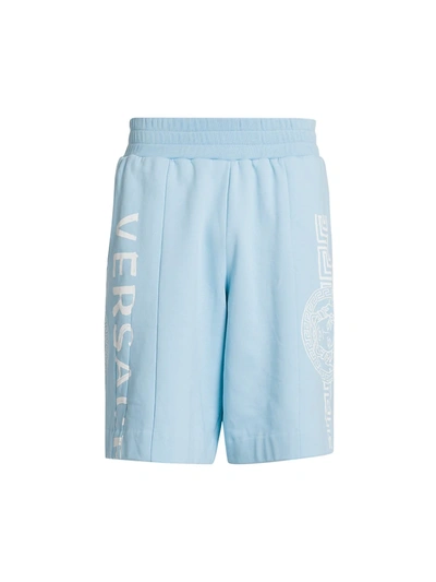 Shop Versace Split Logo Cotton Shorts In Light Blue