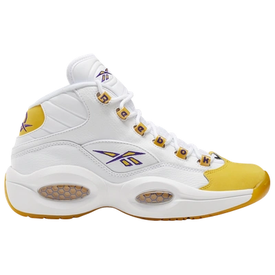 Shop Reebok Mens  Question Mid "yellow Toe" In White/yellow Light Heather/ultraviolet