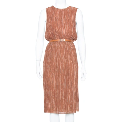 Pre-owned Max Mara Brown Plisse Belted Sleeveless Dress S
