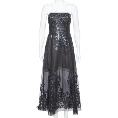 Pre-owned Oscar De La Renta Black Sequin Embellished Mesh Strapless Midi Dress S