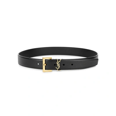 Shop Saint Laurent Black Logo Leather Belt