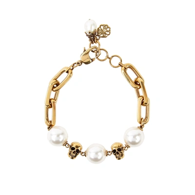 Alexander Mcqueen Pearl-embellished Skull Bracelet In Gold