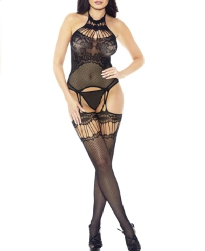 Shop Hauty Women's Lolita Halter Webbed Body Stocking 2pc Lingerie Set In Black