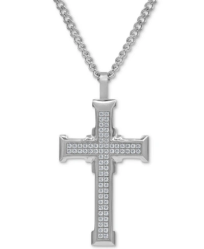 Shop Macy's Men's Cubic Zirconia Large Cross 24" Pendant Necklace In Stainless Steel