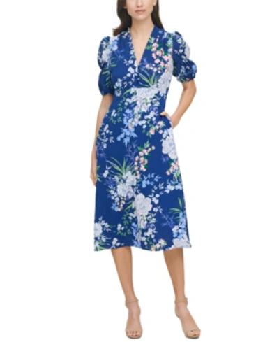 Shop Vince Camuto Plus Size Floral-print Midi Dress In Navy Multi