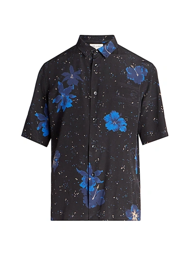 Shop Saint Laurent Short-sleeve Floral-print Shirt In Noir Bleu