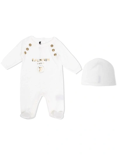 Shop Balmain Metallic Logo-print Cashmere Bodysuit And Hat In White