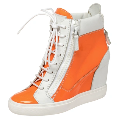 Pre-owned Giuseppe Zanotti White/neon Orange Patent And Leather High Top Wedge Sneakers Size 37.5