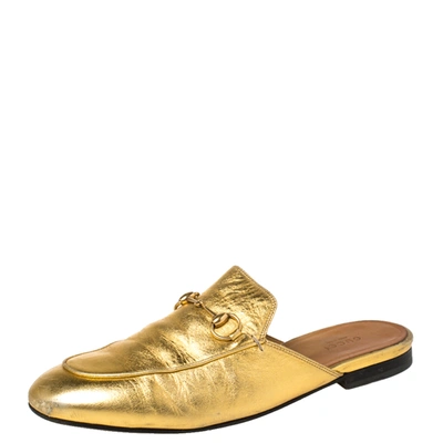 Pre-owned Gucci Metallic Gold Leather Horsebit Princetown Mules Size 39.5