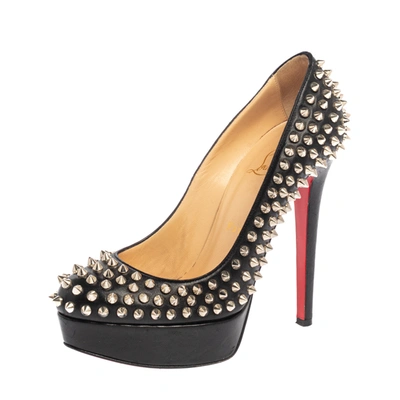 Pre-owned Christian Louboutin Black Leather Bianca Spikes Pumps Size 37