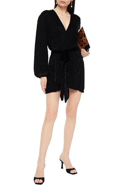 Shop Retroféte Belted Sequined Crepe De Chine Mini Wrap Dress In Black