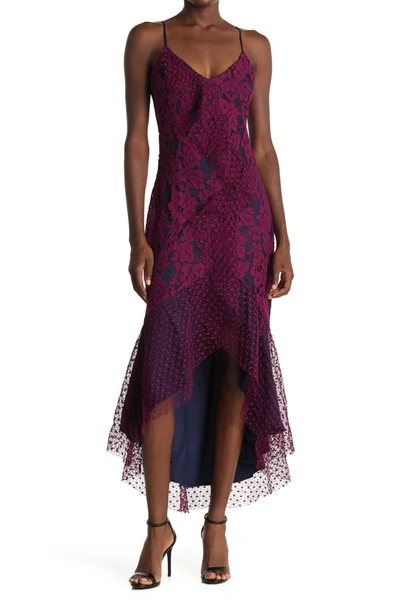 Shop Adelyn Rae Sonya Ruffled Lace High/low Cocktail Dress In Boysenberry/navy