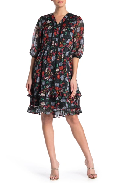 Shop Nanette Lepore V-neck Elbow Length Sleeve Floral Print Dress In Berry2511
