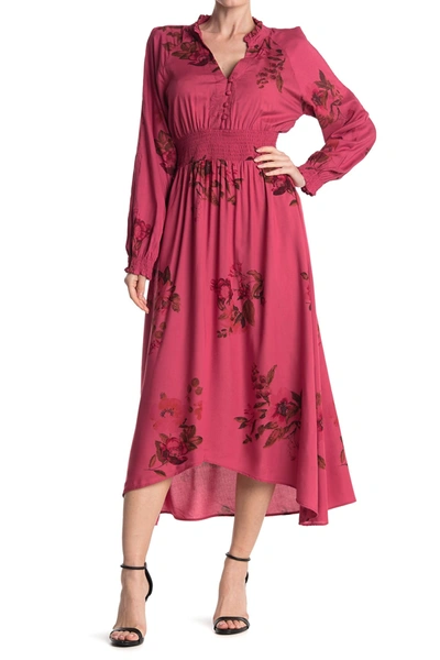Shop Nostalgia Apparel Floral Long Sleeve Smocked Waist Maxi Dress In Burgandy