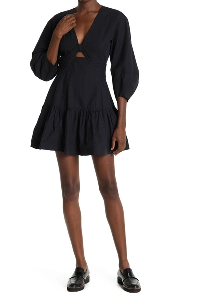 Shop Derek Lam Talia 3/4 Sleeve Keyhole Flounced Mini Dress In Black