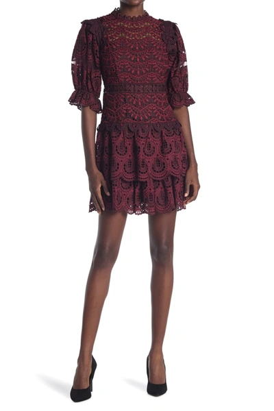 Shop Sea Puff Sleeve Tiered Lace Mini Dress In Ruby