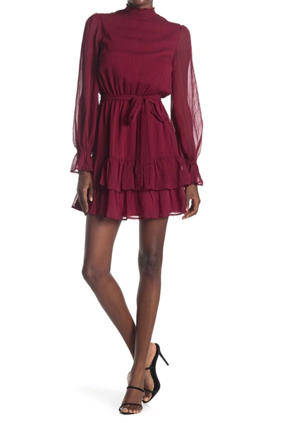 Shop A.calin Smocked Ruffle Mini Dress In Burgundy