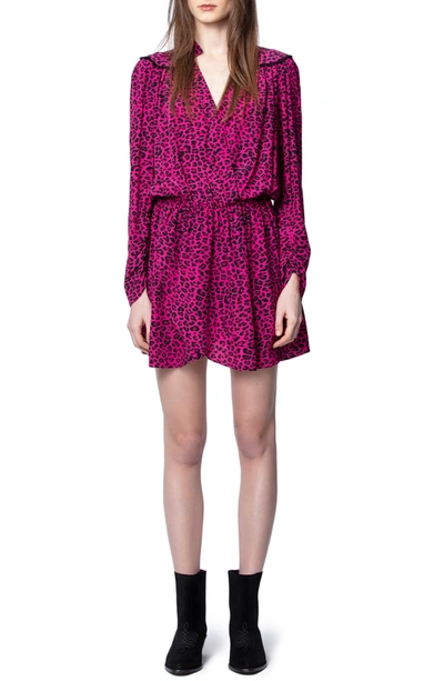 Shop Zadig & Voltaire Reveal Leopard Print Long Sleeve Dress In Framboise