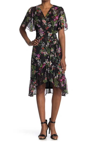 Shop Calvin Klein Wrap Floral Midi Dress In Blck Multi