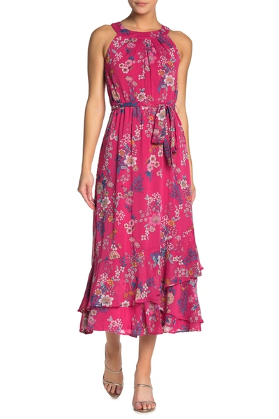 Shop Calvin Klein Floral Waist Tie Maxi Dress In Hibiscus Multi