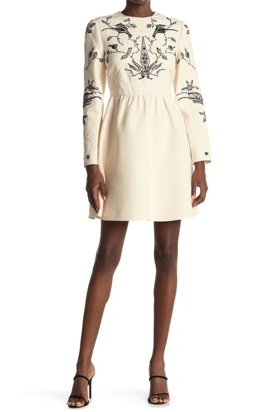 Shop Valentino Embroidered Long Sleeve Wool Blend Dress In Avorio