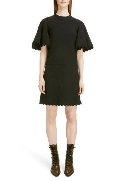 Shop Chloé Scallop Bell Sleeve Mini Dress In 001-black