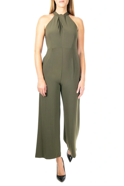 Shop Nina Leonard Twist Halter Knit Jumpsuit In Dark Olive