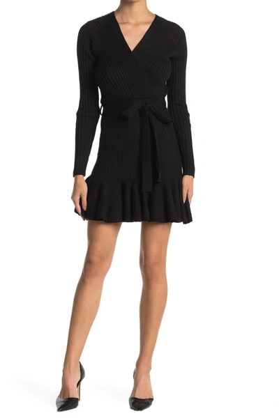 Shop A.calin Wrap Tie Rib Knit Sweater Dress In Black