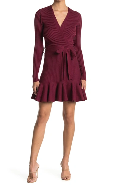Shop A.calin Wrap Tie Rib Knit Sweater Dress In Burgundy