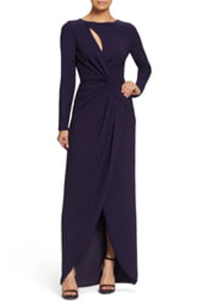 Shop Dress The Population Naomi Long Sleeve Twist Crepe Gown In Boysenberry