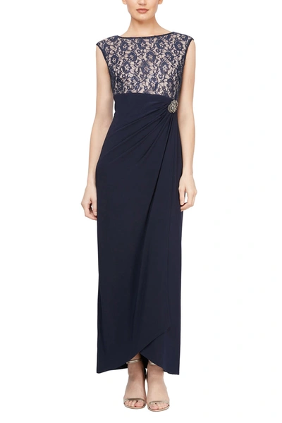 Shop Slny Draped Sequin Lace Maxi Dress In Navy/nude