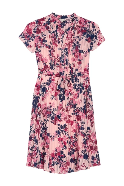 Shop Nanette Lepore Short Sleeve Floral Print Pintuck Dress In Pinmul3381