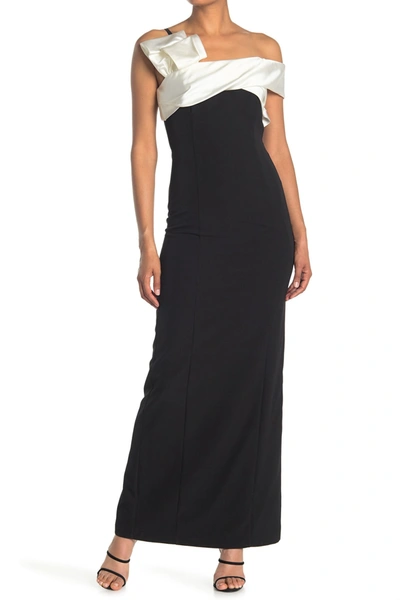 Shop Marina Off-the-shoulder Bow Detail Slim Gown In Black/ivor