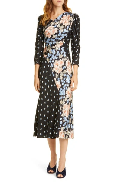 Shop Rebecca Taylor Mixed Floral Silk Blend Midi Dress In Blackcombo