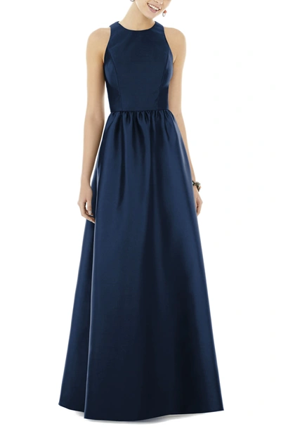 Shop Alfred Sung Satin A-line Gown In Midnight