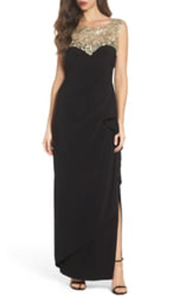 Shop Alex Evenings Embroidered Side Ruched Gown In Black Gold