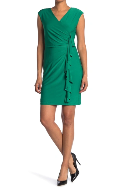 Shop Carmen Marc Valvo Front Ruffle Cap Sleeve Dress In Green