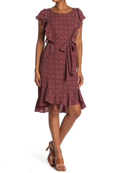 Shop Max Studio Printed Flutter Sleeve Tie Waist Dress In Spice/dusty Pink Floral