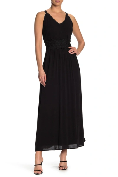 Shop Nina Leonard Sleeveless Lace Trim Maxi Dress In Black