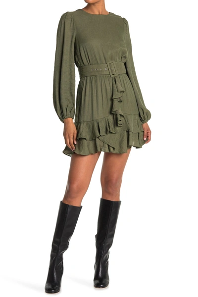 Shop A.calin Ruffle Belted Long Sleeve Mini Dress In Olive