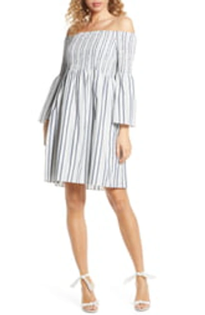 Shop Sam Edelman Metallic Stripe Smocked Off-the-shoulder Dress In Blue/white
