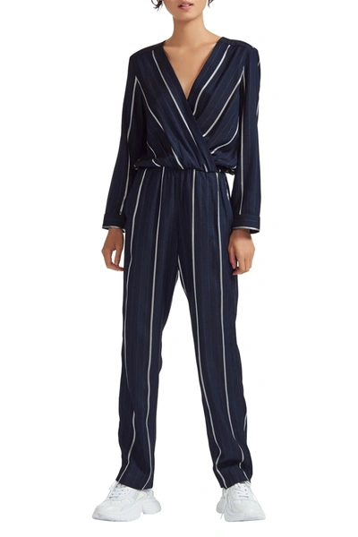 Shop Maje Striped Surplice Neck Jumpsuit In Navy