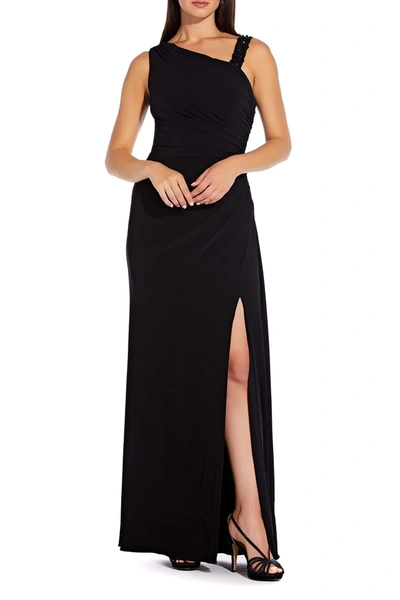 Shop Adrianna Papell Asymmetrical Neck Vent Dress In Black